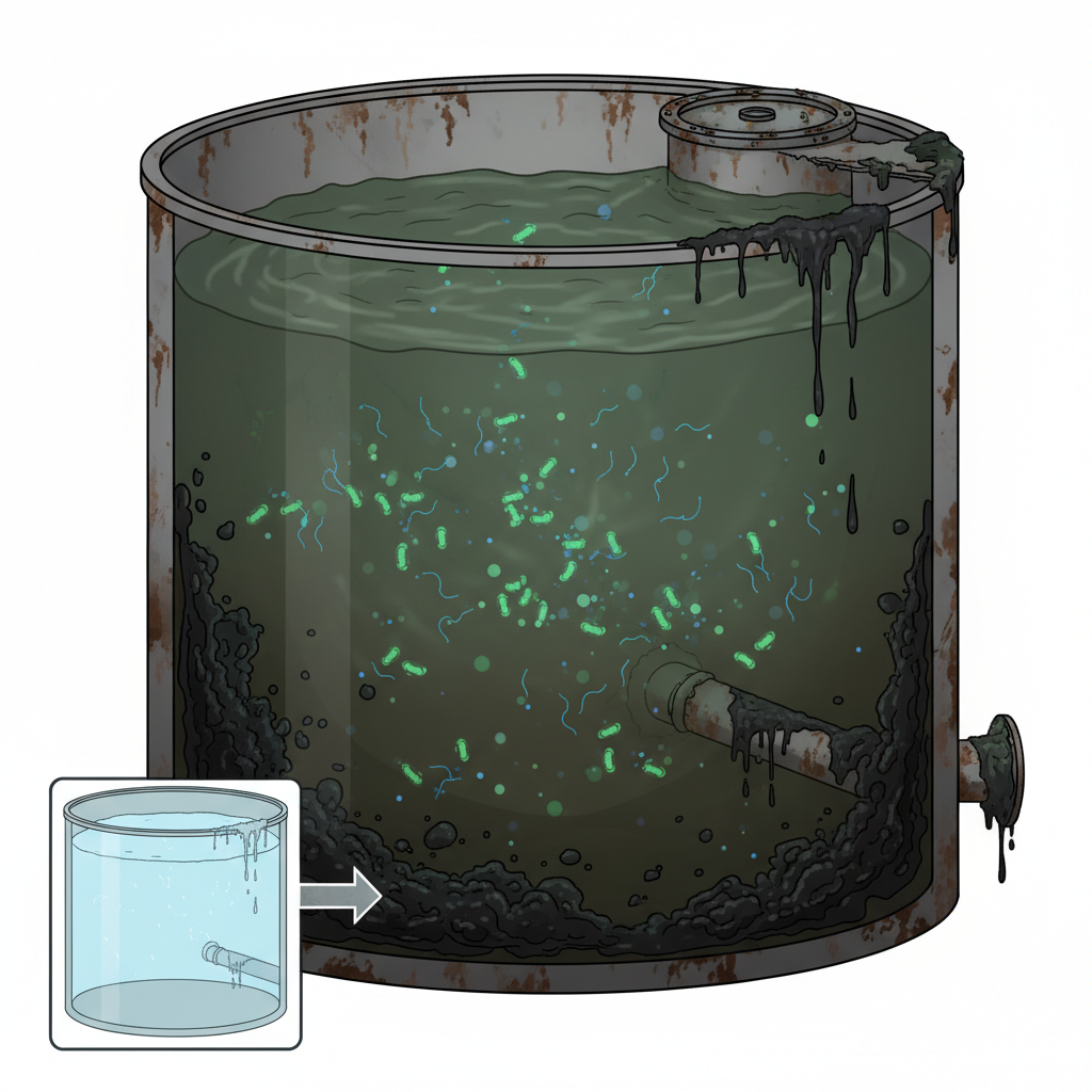 An infographic-style illustration depicting a cutaway view of a neglected water tank. The interior shows murky, greenish water filled with subtle, abstract representations of microscopic bacteria and algae. Thick, dark biofilm coats the inner walls of the tank, suggesting heavy contamination. In contrast, a small, pristine section of a clean, translucent water tank is subtly visible in the background or foreground, emphasizing the difference. The overall impression should be one of unhygienic conditions and potential health risks.