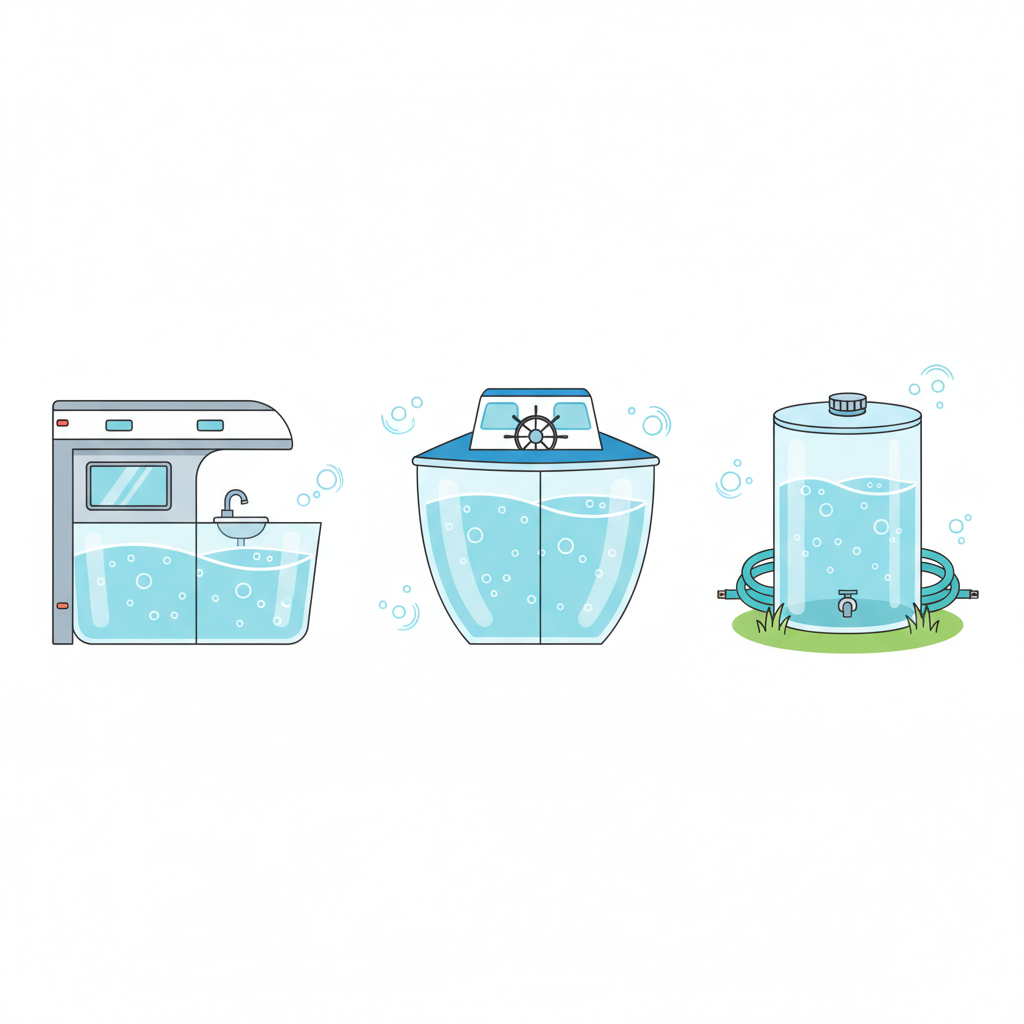 A bright, clean flat illustration showcasing three distinct, transparent water tanks: one integrated into an RV, one in a boat's hull, and a standalone tank typical for a garden or emergency supply. All tanks are depicted as sparkling clean and filled with crystal-clear, shimmering water, perhaps with subtle reflections or light refractions indicating purity. Small, abstract cleaning bubbles or gentle brushes are subtly integrated around the tanks, symbolizing the cleaning process. The focus is on the variety of tanks and the ultimate result of thorough cleaning: pure water.
