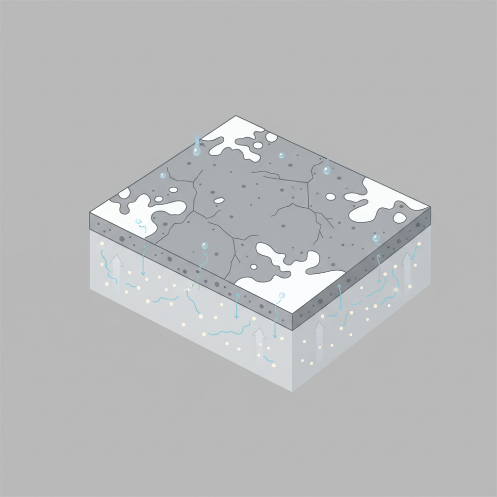 A detailed flat illustration depicting a close-up section of a grey concrete surface, such as a patio or sidewalk. Prominent white, powdery mineral deposits are clearly visible as patches and streaks across the concrete, indicating efflorescence. Subtle visual cues show water penetrating the concrete from above (e.g., small drops seeping into micro-cracks) and moisture rising from below, represented by faint, upward-pointing arrows or a lighter shading beneath the surface. Tiny, dissolved mineral particles are depicted as moving through the concrete's pores towards the surface, where they solidify into the white spots. The overall impression should be clear and informative.