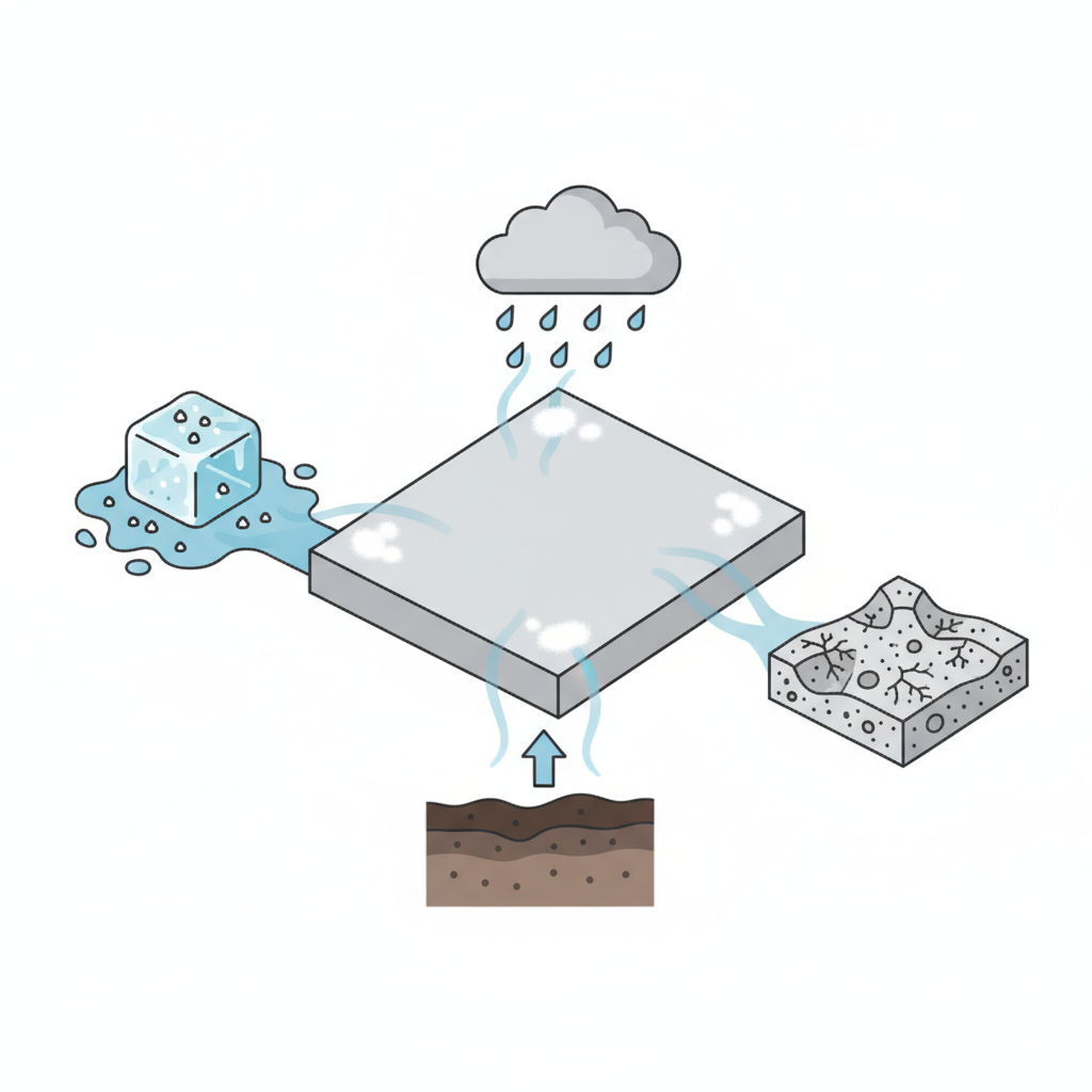 An infographic-style illustration showcasing various environmental and material factors contributing to white spots on concrete. The central element is a rectangular section of concrete, initially clean. Around it, distinct visual representations illustrate the causes: rain falling onto the concrete from above; melting ice with road salt residue indicated by small salt crystals; a cross-section of the concrete showing a poor, porous mix with internal fissures; and a damp ground area underneath the concrete symbolizing rising moisture. Each element subtly connects to the concrete surface, implying its contribution to the eventual appearance of white spots. Clean lines and a clear layout.