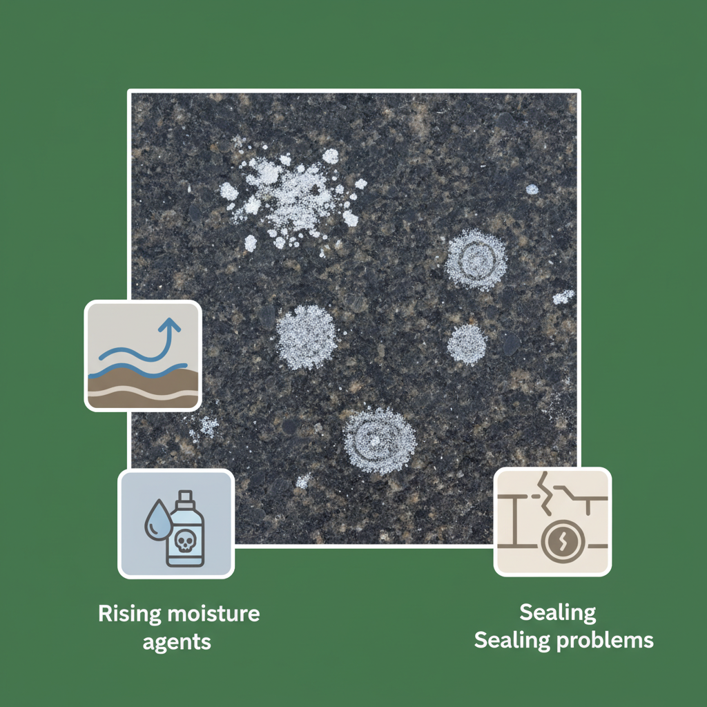 A close-up view of a natural stone surface, perhaps a dark granite countertop or marble tile, exhibiting prominent white efflorescence and distinct round water mineral stains. Surrounding the stone, subtle, stylized graphical elements visually represent the common causes: a wavy blue line with an upward arrow symbolizing rising moisture, a stylized droplet and chemical bottle indicating harsh cleaning agents, and a cracked surface texture for sealing problems. The illustration should have a clean, modern infographic style with muted, natural colors and clear visual separation of elements. The focus is purely on the visual demonstration of the problem and its origins.