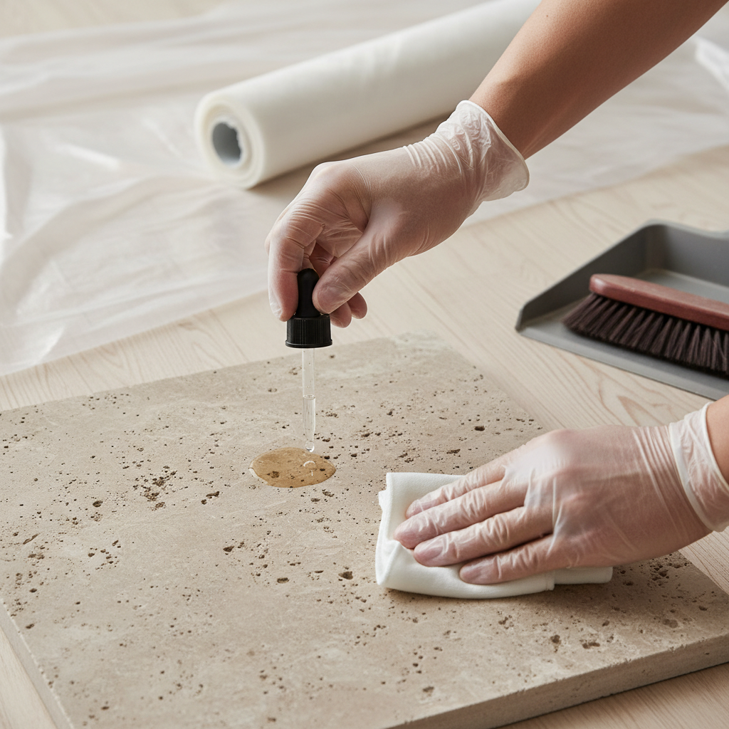 A professional photo depicting hands carefully performing preparatory steps on a natural stone surface. One hand gently applies a small amount of liquid to an inconspicuous corner of a textured stone tile, perhaps testing a cleaner. In the background, out of focus, a roll of protective plastic film is partially draped over an adjacent wooden surface, and a soft-bristled brush or dustpan is visible, suggesting initial cleaning. The lighting is soft and even, highlighting the texture of the stone and the meticulous nature of the task. The overall style is clean, precise, and practical, suitable for a DIY guide.