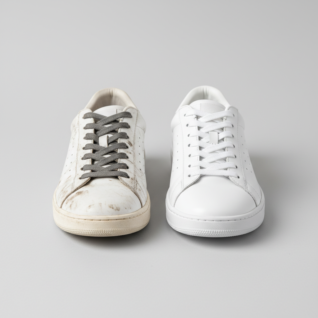 A visually striking before-and-after scene showcasing a pair of white leather sneakers. On one side, a worn, dirty, and slightly scuffed white leather sneaker with visible mud and grime. On the other side, the exact same sneaker, now immaculately clean, bright white, and looking brand new, with a subtle gleam. The background is clean and neutral, suggesting a successful transformation. Emphasize the stark contrast between the dull, soiled shoe and the vibrant, pristine one. Professional product photography style, high-resolution and sharp focus.