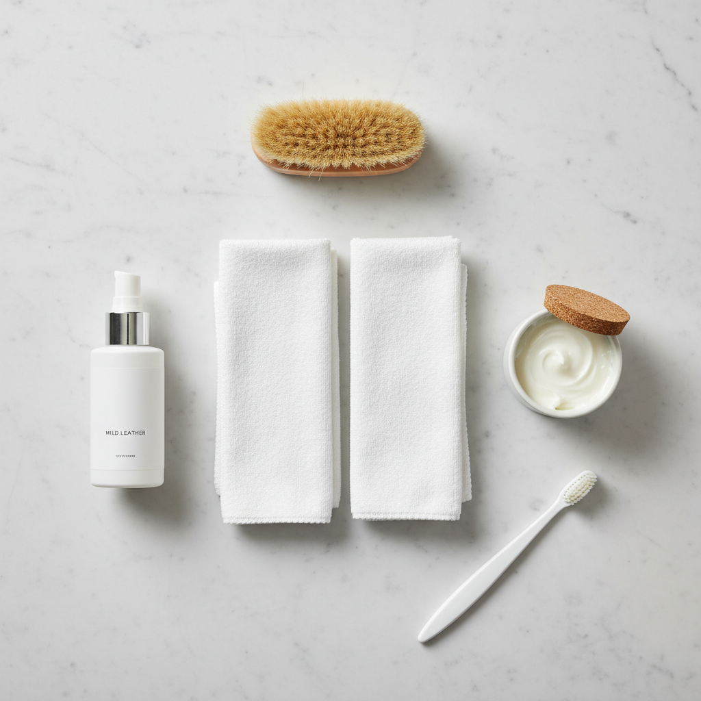A meticulously arranged flat lay composition of essential white leather shoe cleaning supplies. Featured items include a soft bristled shoe brush, a couple of clean white microfiber cloths, a small generic bottle of mild leather cleaner, a small tub of leather conditioner, and an old toothbrush. All items are neatly organized on a clean, light-colored wooden or marble surface, ready for use. The lighting is bright and even, highlighting the textures and cleanliness of the tools. Minimalist, clean flat lay photography style with a shallow depth of field.