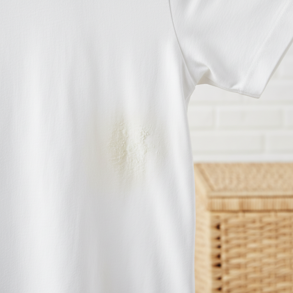 A professional close-up photo of a pristine, white cotton t-shirt, clearly showing a stubborn, slightly yellowish-white sweat stain in the underarm area. The fabric around the stain should appear clean and soft, contrasting with the crusty, chalk-like texture of the stain itself. The lighting should be bright and even, highlighting the unwanted discoloration. The overall mood should be clean yet subtly suggest a common laundry challenge. The background is a blurred, light-colored surface, like a laundry basket or shelf. Studio photography style.