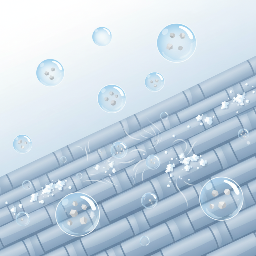A detailed scientific illustration or infographic-style visualization depicting the microscopic interaction between sweat and deodorant on fabric fibers. Show stylized fabric threads, with droplets of 'sweat' (clear liquid spheres) meeting tiny, angular particles representing 'deodorant aluminum salts'. Illustrate a subtle chemical reaction occurring, resulting in the formation of small, whitish, crystalline deposits clinging to the fabric fibers. The color palette should be clean, using blues, grays, and whites, with a hint of translucency for the sweat. Focus on clarity and visual explanation rather than realism. Flat illustration style with depth.