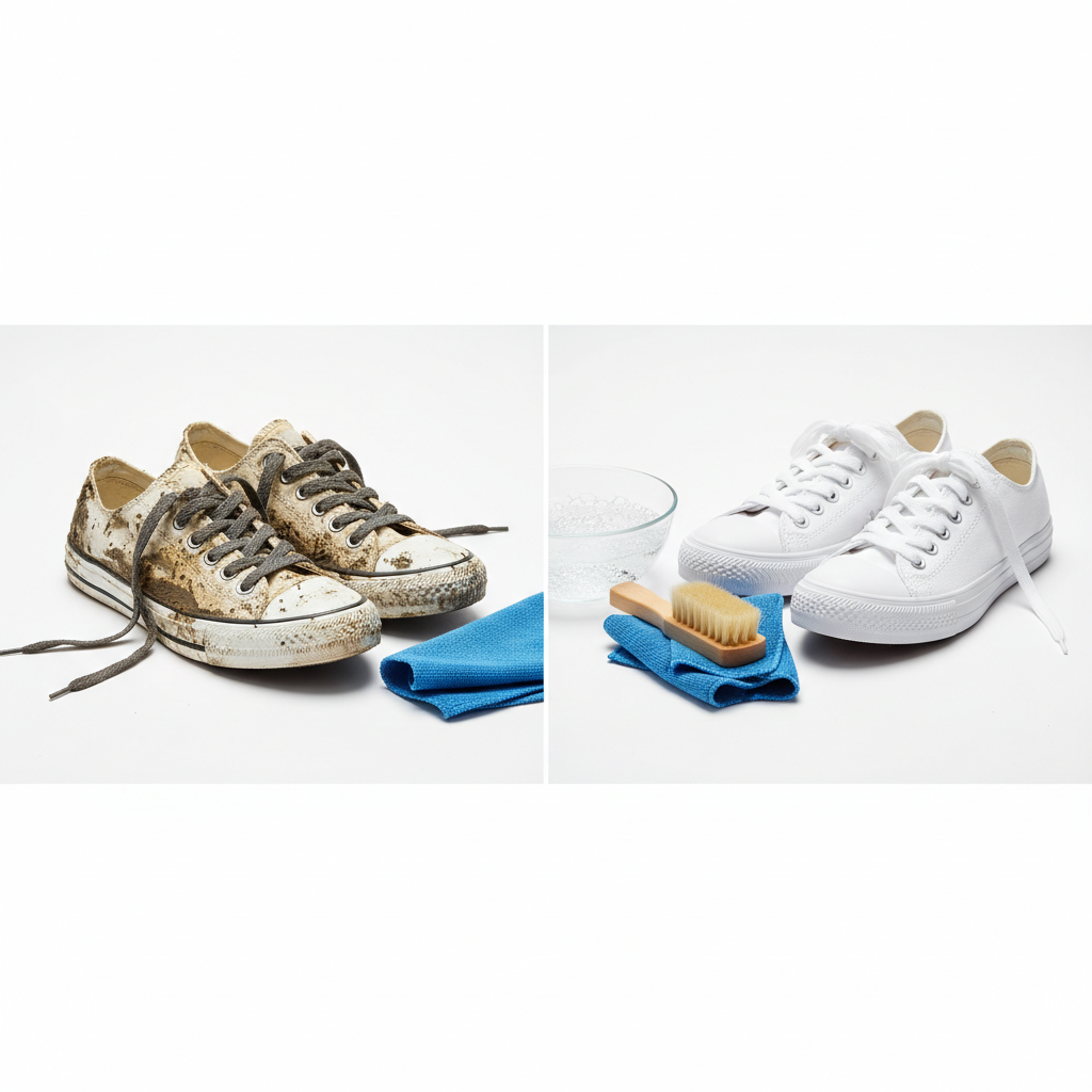 A vibrant, high-contrast professional photo depicting a 'before and after' scenario for white sneakers. On the left, a pair of once-white sneakers heavily stained with mud, scuffs, and dirt, looking worn out. On the right, an identical pair of white sneakers gleams impeccably clean and bright, looking brand new. In the central foreground, a few essential cleaning tools like a soft brush, a microfiber cloth, and a small bowl of foamy water are subtly arranged, hinting at the solution. The background is a clean, minimalist studio setting, emphasizing the dramatic transformation.