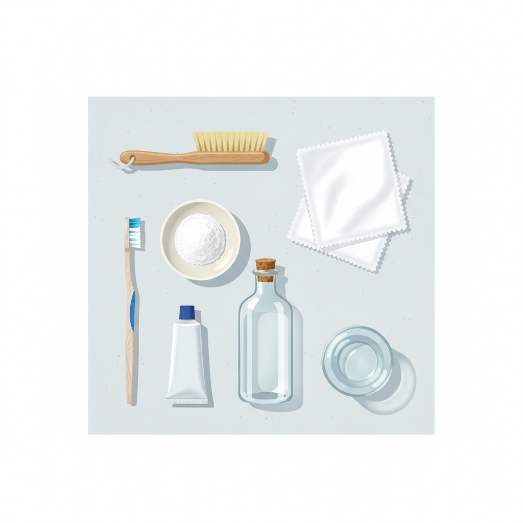 A meticulously organized flat lay illustration showcasing a collection of tools and materials for cleaning white sneakers. From a top-down perspective, arrange items like a soft shoe brush, an old toothbrush, two neatly folded white microfiber cloths, a small ceramic bowl containing a white powdery substance (like baking soda), a squeeze tube (suggesting toothpaste), a glass bottle with a clear liquid (vinegar or cleaning solution), and a small amount of water in a clear glass. All items are pristine and arranged on a bright, uncluttered white or light grey surface, conveying readiness and systematic preparation.
