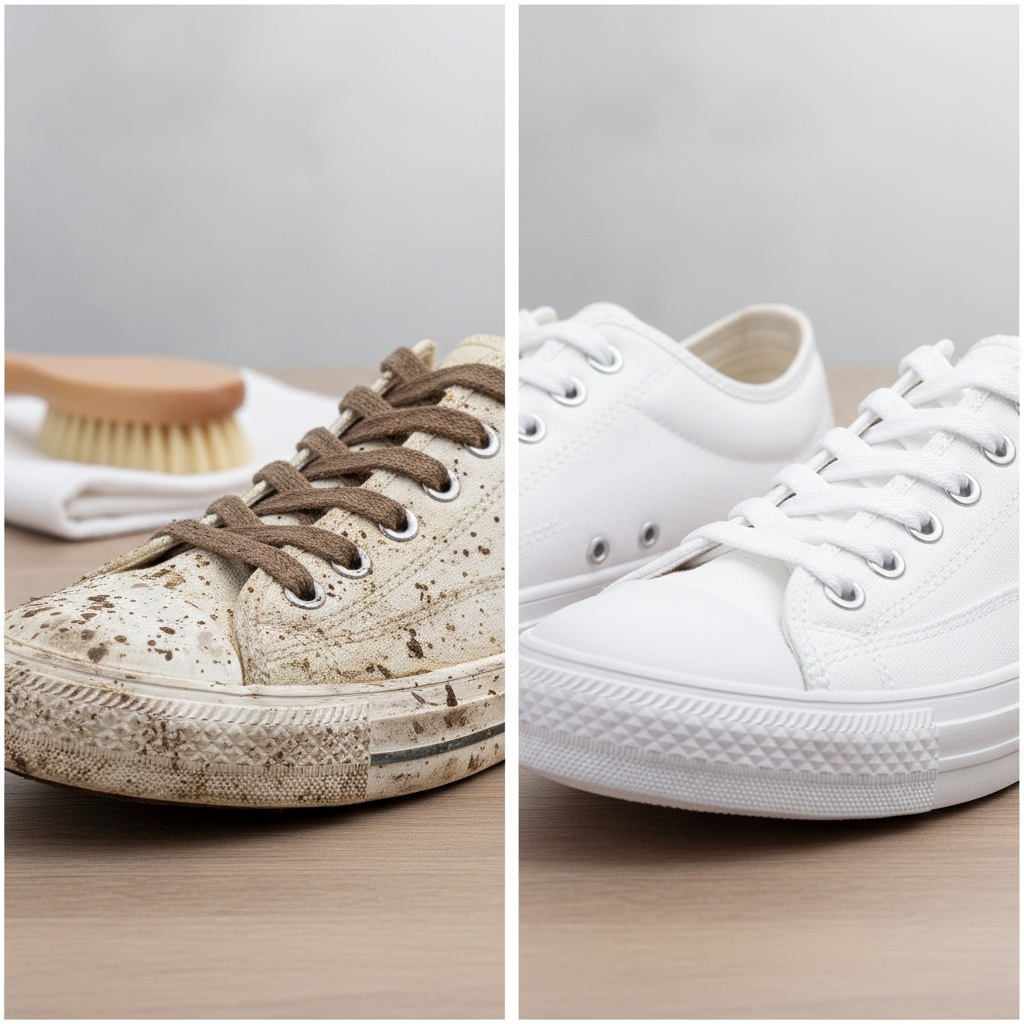A visually striking comparison of two identical white fabric sneakers. On the left, the sneaker is clearly dirty, with visible mud stains, scuff marks, and general dullness, depicting the 'before' state. On the right, the same sneaker is sparkling clean and bright white, showcasing the 'after' transformation. In the softly blurred background, a few generic cleaning supplies like a soft brush and a clean cloth are subtly visible. Professional product photography style, emphasizing pristine whites and fabric textures.