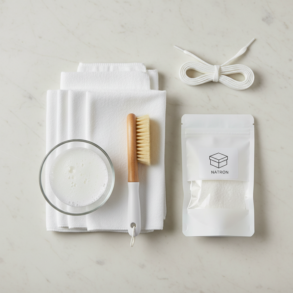 A clear, top-down flat lay photograph depicting all the necessary items for cleaning white fabric sneakers, arranged neatly on a smooth, light-colored surface. The composition includes a soft-bristle brush, a stack of clean, folded microfiber cloths, a small transparent bowl containing a foamy, light-colored liquid (representing soap solution), a bag or container of a white powdery substance (baking soda/natron), and a pair of white shoelaces. The scene should convey preparation and readiness, with a clean and organized aesthetic.