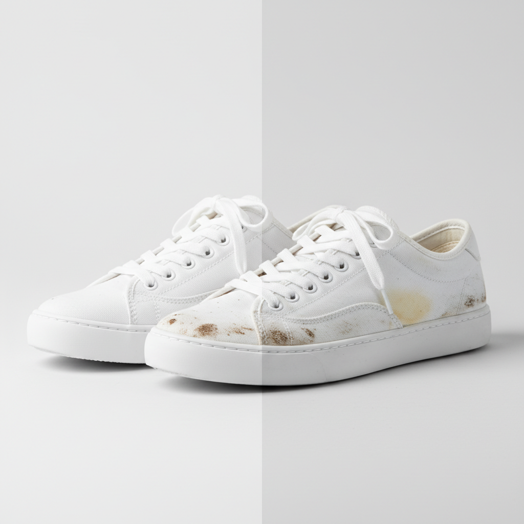 A visually striking side-by-side comparison. On the left, a pristine, dazzling white fabric sneaker gleams under bright, clean lighting, looking brand new and immaculate. On the right, an identical white fabric sneaker is visibly covered in various forms of dirt: mud splatters, faint yellowing, and subtle grey scuff marks on the fabric. The overall scene is clean and minimalist, with a soft, uniform background, emphasizing the dramatic contrast between the dirty and perfectly cleaned shoe. This image should clearly illustrate the transformative power of effective cleaning for white sneakers. Professional studio product photography style, high-key lighting.