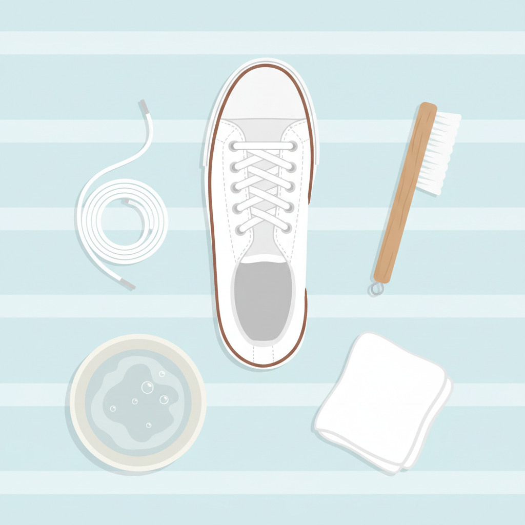 An organized flat lay illustration depicting the essential preparation steps for cleaning white fabric shoes. In the center, a white fabric sneaker sits with its laces carefully removed and placed neatly to the side. Next to the shoe, a soft-bristled brush or an old toothbrush is positioned near the shoe's surface, suggesting the removal of loose dirt. A small bowl of foamy water (representing a mild detergent solution) and a clean cloth are also visible, all arranged neatly on a light, uncluttered surface. The composition should be clean and inviting, hinting at an organized cleaning process. Flat illustration style with a soft color palette.