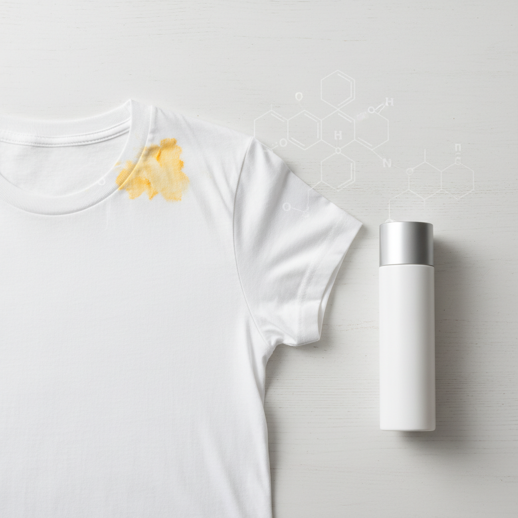 A crisp white t-shirt lying flat, prominently displaying distinct yellow-orange stains around the collar or armpit area, indicating sunscreen residue. A generic, elegant sunscreen bottle is placed nearby, subtly suggesting the source. In the background, a very faint, almost invisible scientific diagram or abstract molecular structure is subtly integrated, hinting at the chemical reaction causing the stains, but without any discernible text or labels. The overall aesthetic should be bright, clean, and slightly minimalist, using a professional product photography style with soft natural lighting to highlight the issue.