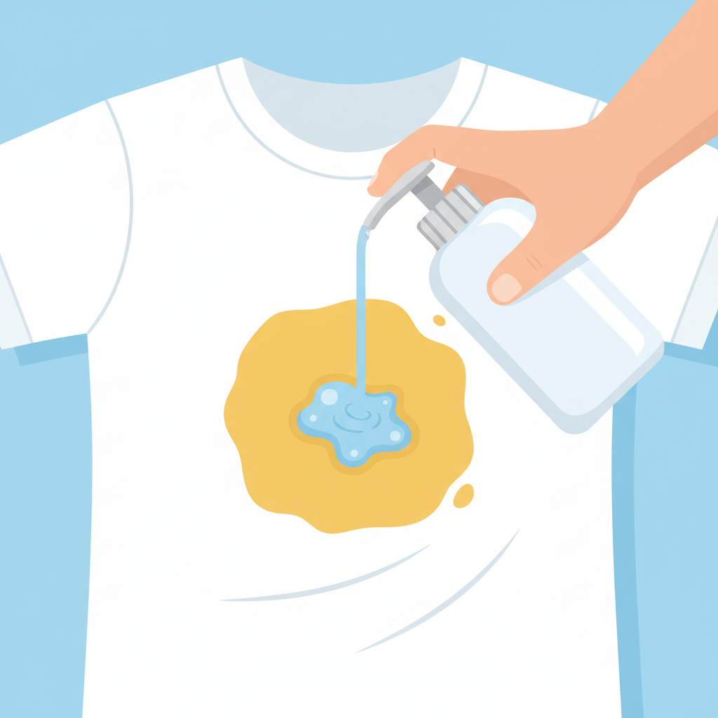 A close-up, top-down view of a white t-shirt with a prominent yellow sunscreen stain. A hand is gently squeezing a generic, sleek bottle of liquid dish soap directly onto the stain, showing a clear stream of soap making contact with the fabric. The fabric fibers are subtly visible, and a small pool of soap is starting to form on the stained area. The setting is clean and well-lit, suggesting a practical laundry or cleaning environment. The image should be executed in a bright, modern flat illustration style, focusing on clear shapes and practical action, suitable for a 'how-to' guide.