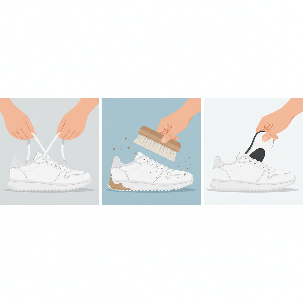 A three-panel sequential flat illustration showing the preparation steps for cleaning white sneakers. The first panel depicts hands carefully untying and removing white laces from a sneaker. The second panel shows a hand holding a soft, dry brush, gently brushing loose dirt and mud off the surface and sole of another white sneaker. The third panel illustrates a hand pulling out the insole from inside a third white sneaker. The background is clean and minimalistic, emphasizing the actions. The sneakers are generic white athletic shoes. The style is clean, modern, and easily understandable.