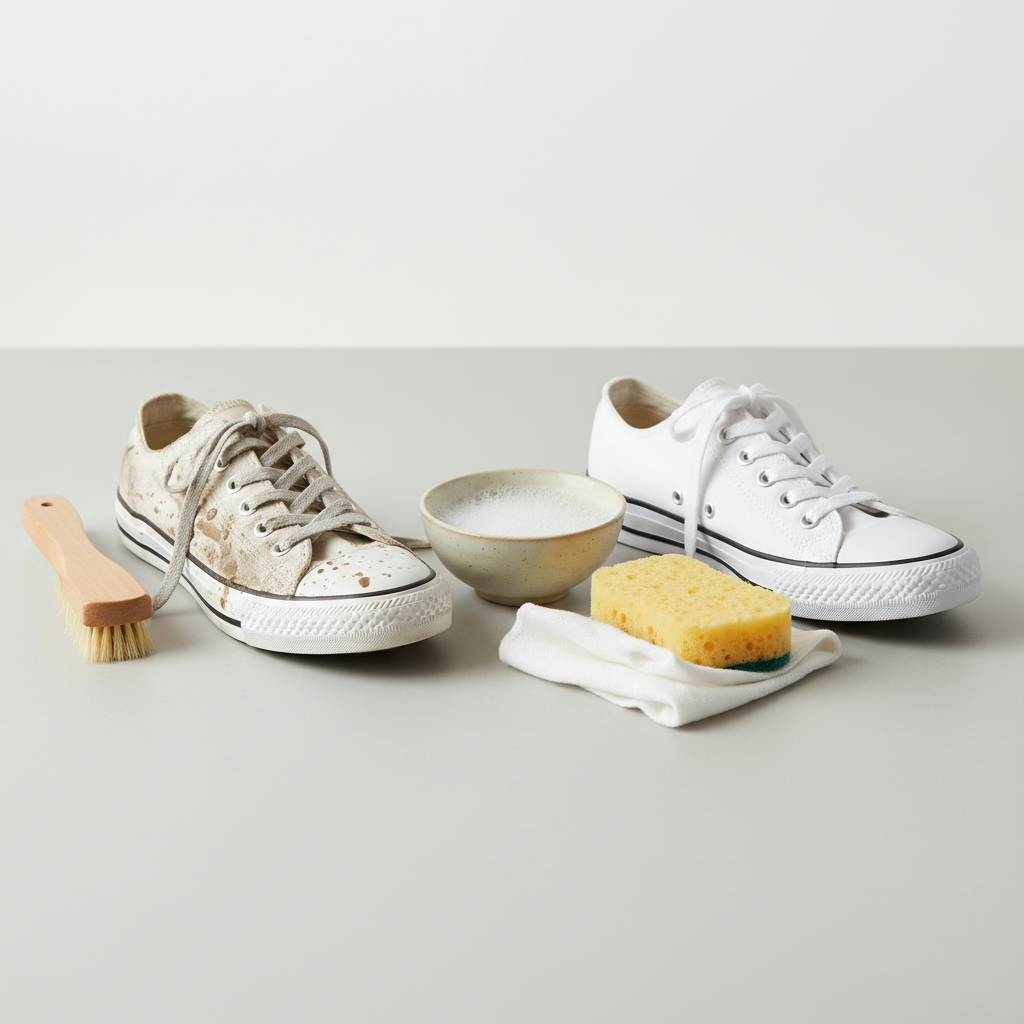 A professional, well-lit product photograph featuring two identical white canvas sneakers. On the left, a visibly dirty sneaker with mud stains, scuffs, and dullness. On the right, a sparkling clean, pristine white sneaker, appearing brand new. Between and around them, several generic cleaning tools are neatly arranged: a soft brush, a small bowl of foamy water, a cleaning cloth, and a sponge. The background is a clean, neutral surface, allowing the contrast and tools to stand out. The image conveys the effective transformation possible.