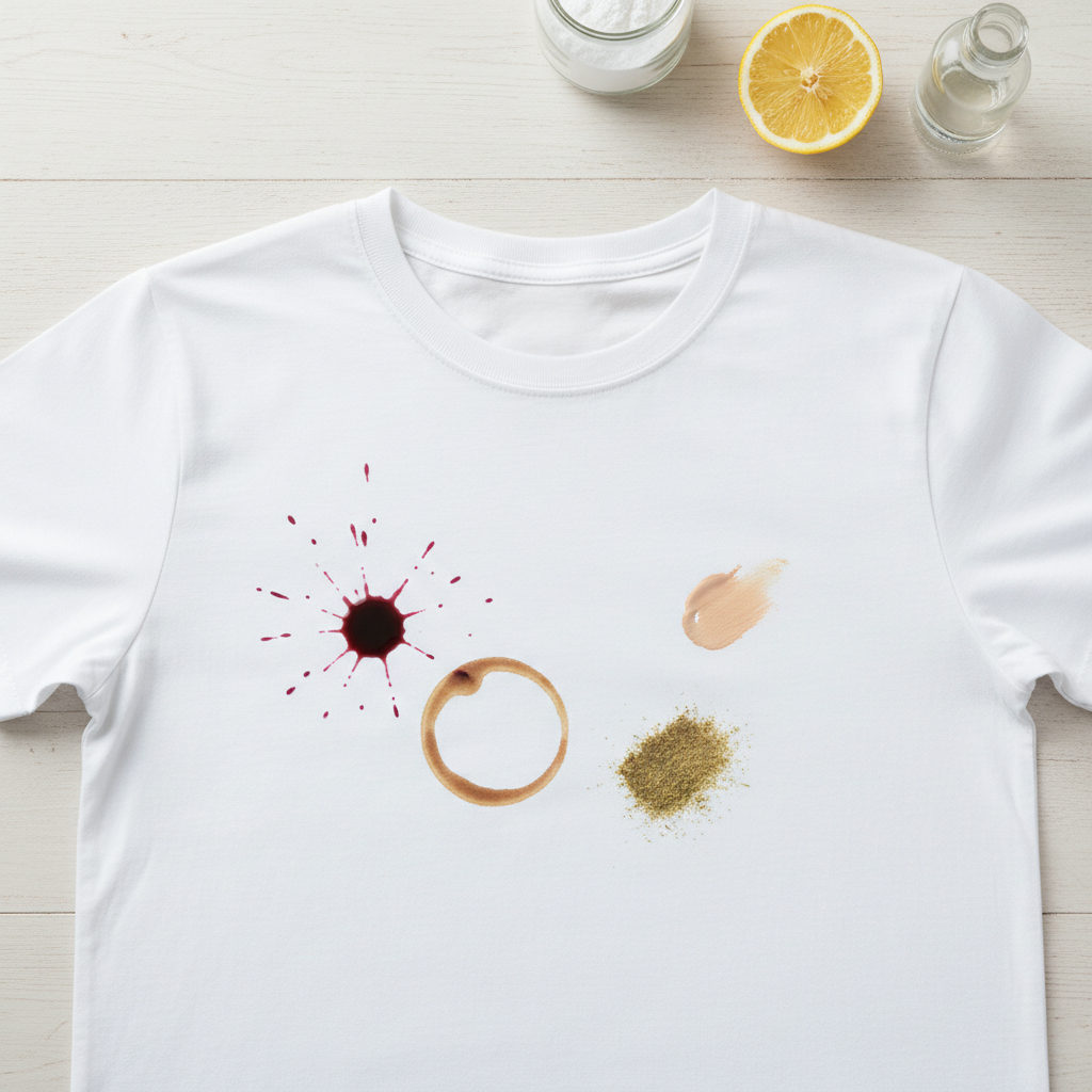 A close-up, brightly lit professional product photo of a pristine white cotton t-shirt or tablecloth spread flat. Artfully arranged on its surface are various common, distinct stains: a splattered red wine drop, a coffee ring, a smear of green grass, and a subtle smudge of make-up. In the soft-focus background, out of direct view, are hints of natural elements like a lemon half, a glass jar with white powder, and a small, clear bottle, subtly suggesting natural cleaning solutions. The overall impression is clean, fresh, and slightly challenging, emphasizing the problem and the gentle promise of a solution.