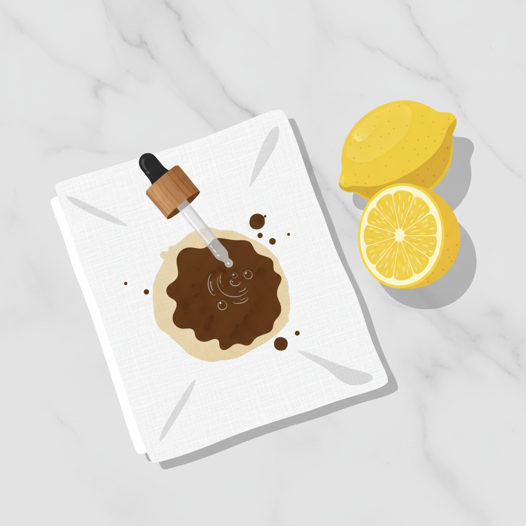 A top-down, clean flat lay illustration in a modern, minimalistic style. A section of crumpled white fabric, perhaps a towel or a corner of a shirt, lies on a light wooden or marble surface. A noticeable, specific stain like a dark coffee ring or a yellowed armpit stain is visible on the fabric. A fresh, vibrantly yellow lemon, cut in half, is placed beside the fabric, with a clear liquid (symbolizing citric acid) being gently dripped onto the stain from a small, elegant dropper or spoon. The scene is bright and airy, focusing on the simple, natural action of stain removal.