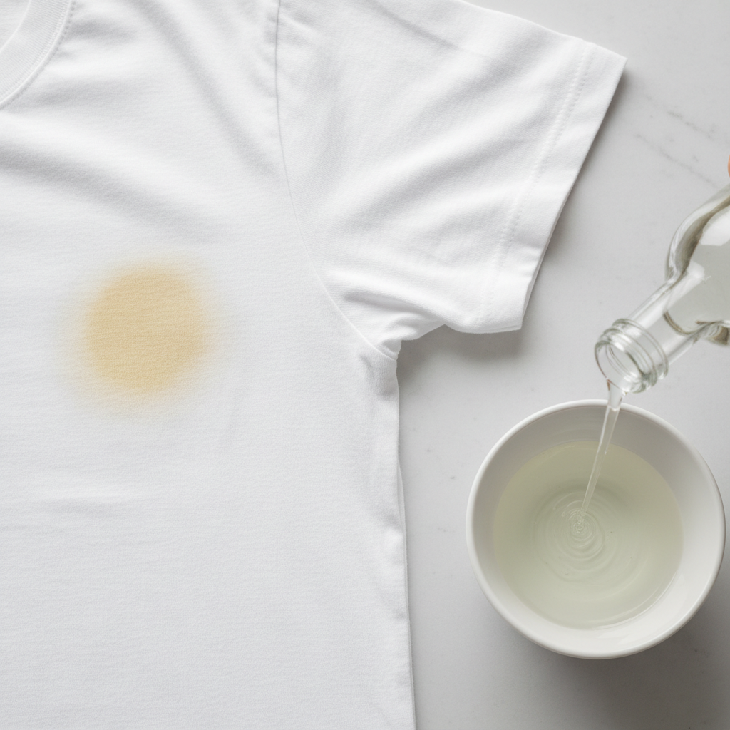 A close-up, high-angle shot of a pristine white t-shirt, clearly displaying a visible, yellowish-brown sweat stain in the underarm area. Next to the stained fabric, a generic clear glass bottle of white vinegar is tilted, with a stream of clear liquid pouring into a small, plain white ceramic bowl. The lighting is bright and clean, emphasizing the fabric texture and the contrast of the stain. The overall style is realistic product photography, suitable for a professional lifestyle blog, conveying action and problem-solving.