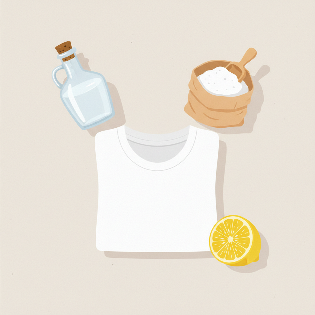 A vibrant, clean flat lay illustration showcasing several common household remedies for stains. Centered in the frame is a neatly folded, perfectly white cotton t-shirt. Arranged around it are key ingredients: a transparent bottle containing clear liquid (representing vinegar), a small open box or bag with white powder (baking soda), and half a yellow lemon. All items are depicted with soft shadows on a light, uncluttered background, conveying a sense of simplicity and effectiveness. The style is modern, minimalist flat illustration with a slightly textured finish.