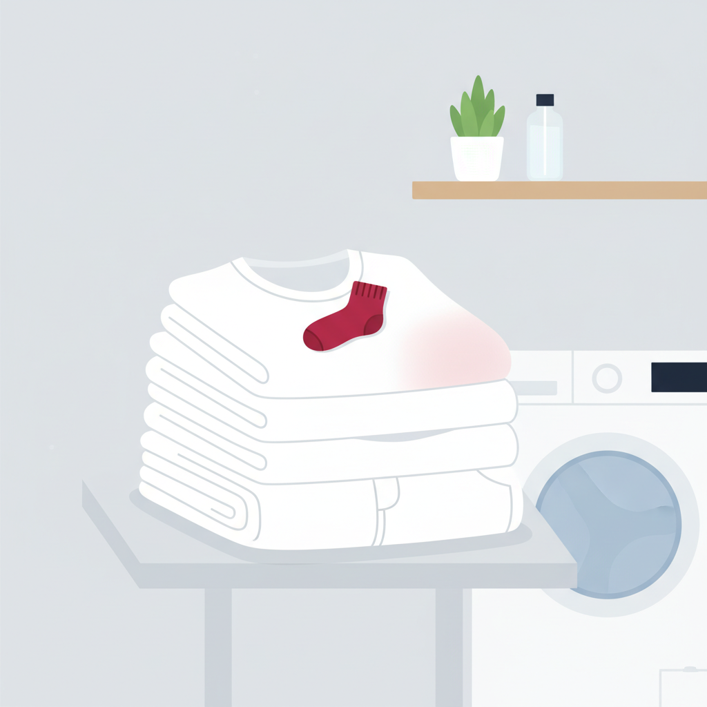 A clean, minimalist flat illustration depicting a pile of freshly washed white laundry, neatly folded. Among the pristine white garments (like t-shirts and towels), a single brightly colored item, such as a vibrant red sock or a dark blue denim piece, is subtly mixed in. On the edge of an adjacent white garment, a faint, diffused blush of the colored item's hue is visible, indicating color transfer. The background is a soft, uncluttered laundry room setting.