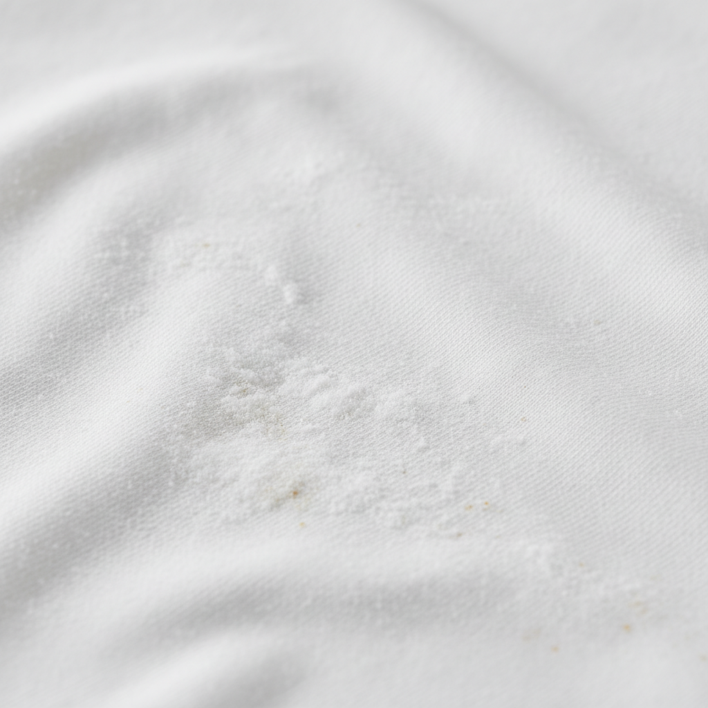 A high-resolution professional studio photo, captured from a close-up perspective, showcasing a section of a white cotton t-shirt or towel. The fabric, slightly wrinkled as if just removed from a wash cycle, exhibits subtle, irregular powdery white streaks that represent detergent residue. Additionally, small, faint yellowish-brownish specks are visible, indicating mineral deposits or rust stains. The background is softly blurred to keep focus on the textured fabric and the specific types of stains.