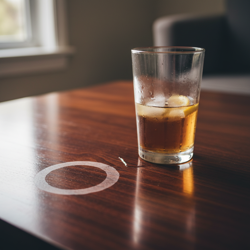 A close-up on a polished wooden table, showcasing a prominent, circular white water stain on its surface. The wood grain is visible and rich in texture, indicating quality furniture. Adjacent to the stain, a glass filled with a cold drink exhibits condensation, with small droplets running down its side, subtly suggesting the origin of the water mark. The image conveys the common problem of water stains on wood, inviting readers to find a solution. Professional photo, warm, natural lighting, slightly desaturated colors, shallow depth of field.