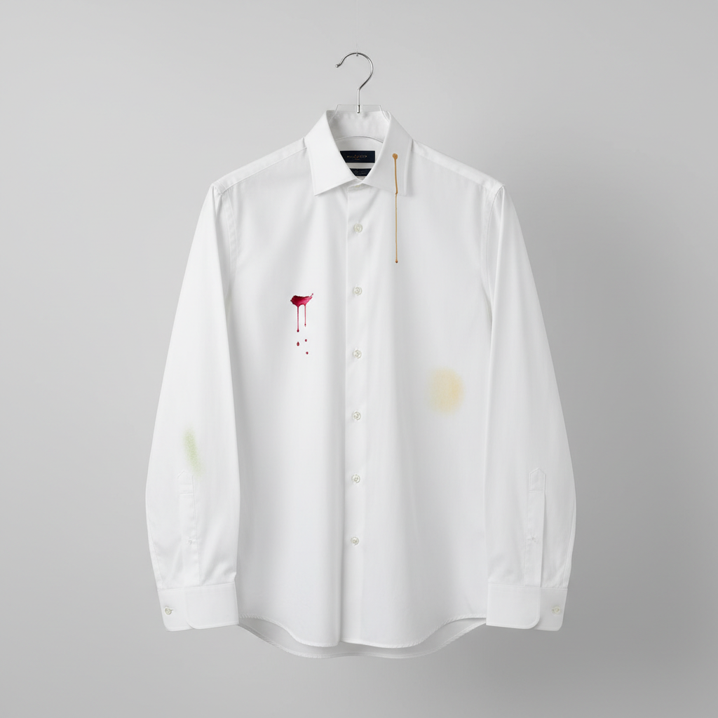 A professional studio photograph capturing a pristine, perfectly ironed white dress shirt, elegantly draped over a hanger or a minimalist mannequin. The shirt's fabric should appear bright, crisp, and high-quality. Strategically placed on different areas of the shirt are realistic, yet not overwhelming, representations of common stains: a small red wine splatter on the front, a subtle coffee drip near the collar, a faint green grass smudge on one cuff, and a yellowish discoloration under the armpit. The lighting should be soft and even, highlighting both the shirt's immaculate quality and the noticeable presence of the challenging blemishes.