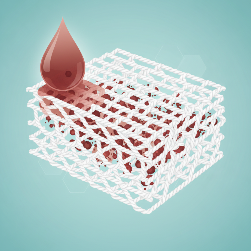 A detailed, modern infographic-style illustration depicting the microscopic interaction between a stain and white fabric fibers. The image should show a magnified cross-section of interwoven white textile fibers. A distinct liquid droplet, perhaps reddish-brown to represent a common stain like coffee or wine, is shown actively permeating the outer layers of the fabric. Some smaller, colored particles from the stain are already deeply embedded within the fibrous structure, illustrating how stains become tenacious. The background should be clean and bright, emphasizing the scientific aspect of the stain's penetration.