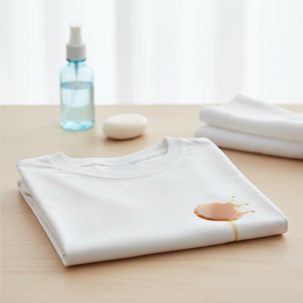 A pristine, freshly laundered white t-shirt, folded neatly, sits on a light, clean surface. Next to it, a small, vibrant splash of a coffee-like brown liquid is visible, contrasting sharply with the white fabric. In the background, out of focus, cleaning tools like a spray bottle, a small white cloth, and a bar of soap are subtly hinted at, suggesting the process of stain removal. The overall aesthetic should be bright, clean, and optimistic, using a professional product photography style with a shallow depth of field to highlight the t-shirt and stain.