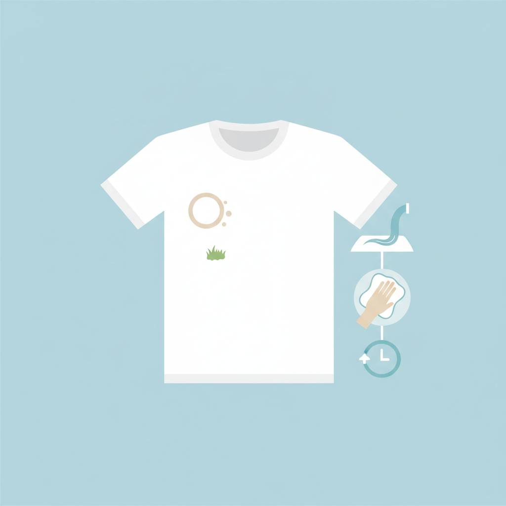 A vibrant, clean white t-shirt is depicted against a soft, light blue background. On one side of the t-shirt, subtle visual cues represent common stains like a faint brown coffee ring and a small green grass smudge, indicating the problem. On the other side, a series of small, interconnected graphical elements illustrate the core cleaning principles: a gentle stream of cold water flowing onto a fabric, a hand gently dabbing with a soft cloth (no harsh rubbing), and a tiny clock icon with a fast-forward arrow, all conveying quick action and proper technique. This should be a clean, modern flat illustration style, using a limited color palette.