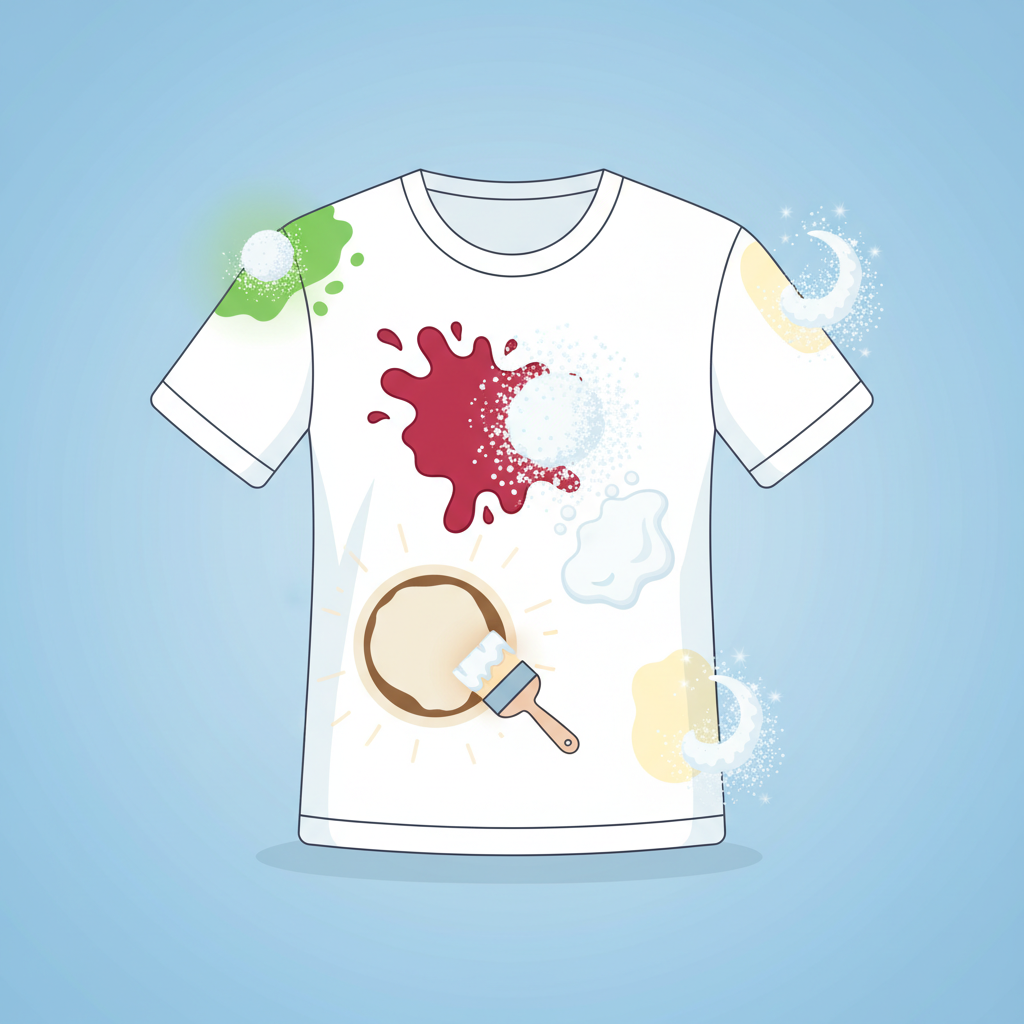 A vibrant, infographic-style flat illustration depicting a crisp white T-shirt as the central object. Scattered across the T-shirt are small, distinct representations of common stains: a red wine splash, a green grass smudge, a yellowish sweat mark under an armpit, and a coffee ring. Around each stain, a dynamic visual element shows baking soda particles or a light paste actively 'cleaning' or 'dissolving' the stain, perhaps with subtle sparkling or fading effects radiating from the baking soda. The background is simple and clean, emphasizing the T-shirt and the cleaning action.