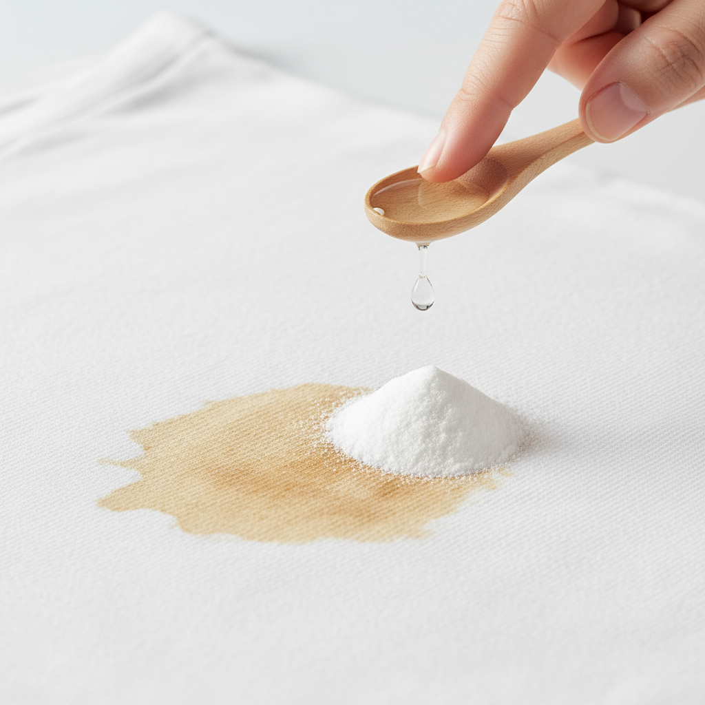 A bright, professional studio photo with a clean aesthetic, focusing on a section of a white cotton T-shirt. A noticeable, realistic coffee stain or grease stain is clearly visible on the fabric. Adjacent to the stain, a small mound of white baking soda powder rests, with a single drop of water just landing on it or about to be mixed. A small, clean finger or a minimalist wooden spoon is poised above, ready to create or apply the paste. The lighting is soft and natural, highlighting the texture of the fabric and the baking soda, conveying a sense of practical, gentle cleaning.