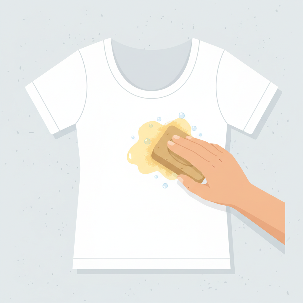 A clean, modern flat illustration showing a white t-shirt laid out, with a noticeable, light yellow sunscreen stain near the collar. A human hand, depicted simply, is gently applying a solid bar of traditional, light brown gallseife (bile soap) directly onto the stained fabric. Small, subtle water droplets or a slightly damp texture are visible on the t-shirt around the stain, indicating preparation. The composition is bright and focused on the cleaning action, with a soft color palette.