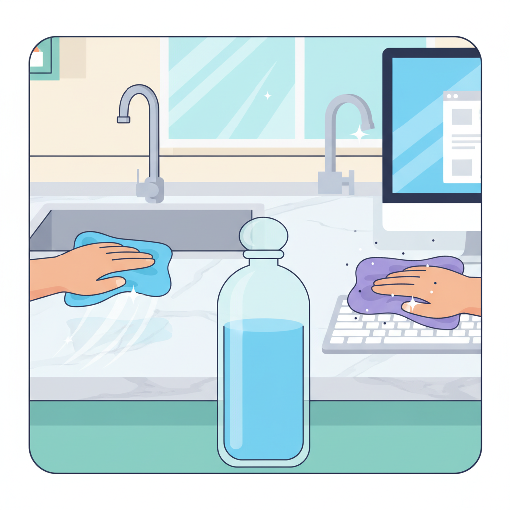 A vibrant, flat illustration depicting various cleaning scenarios. On one side, a gleaming kitchen counter being wiped down, showing sparkling results. On the other, a clean computer keyboard with a cloth, suggesting electronics cleaning. In the background, subtle hints of other applications like spotless glass or shiny metal. A stylized bottle, without any visible labels or text, represents cleaning alcohol as the unifying agent. The overall image should convey cleanliness, versatility, and efficiency with bright, fresh colors and a clean, modern aesthetic.