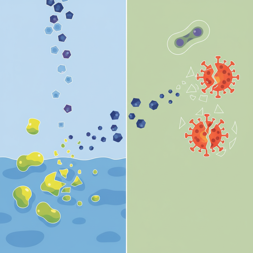 An infographic-style illustration visualizing the dual action of cleaning alcohol. On one side, abstract representations of alcohol molecules dissolving oily, greasy globules on a surface, showing them breaking apart. On the other side, a simplified diagram illustrating the denaturing effect on microscopic structures: perhaps an intact, simplified bacterial cell or virus transforming into a broken, inactive form upon contact with alcohol molecules. The visual should be clean and scientifically stylized, using distinct colors to differentiate elements without any complex scientific jargon.
