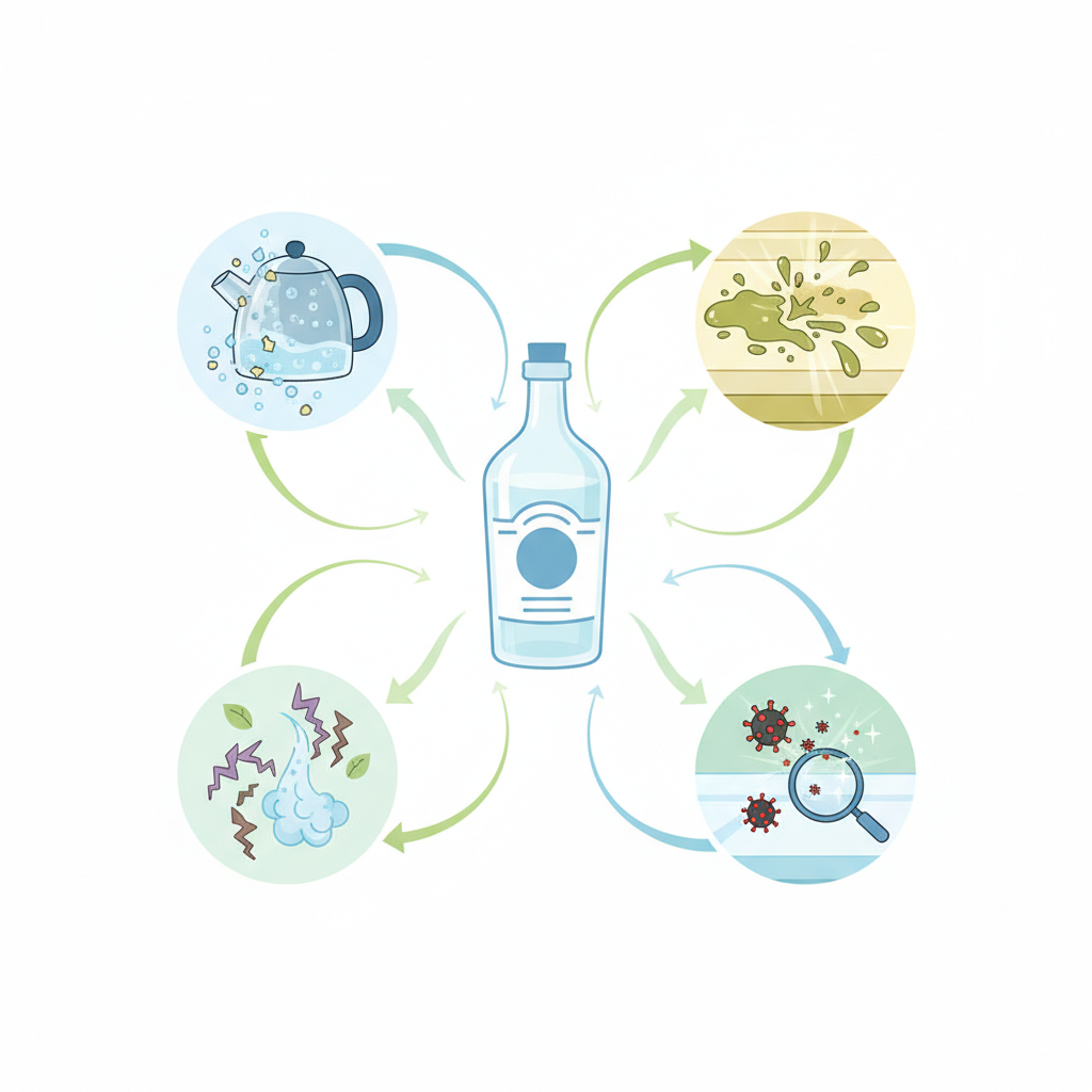 A vibrant infographic-style illustration depicting the multifaceted cleaning power of vinegar. A stylized bottle of white vinegar stands centrally, radiating lines or arrows outwards to four distinct, small vignettes. These vignettes visually represent: 1) a bubbling reaction dissolving scale from a kettle interior, 2) grease breaking down on a kitchen surface, 3) unpleasant odor molecules transforming into neutral, pleasant air, and 4) microscopic germs being eliminated on a surface. The overall color palette should be fresh and clean, emphasizing the natural and effective aspects of vinegar for cleaning.