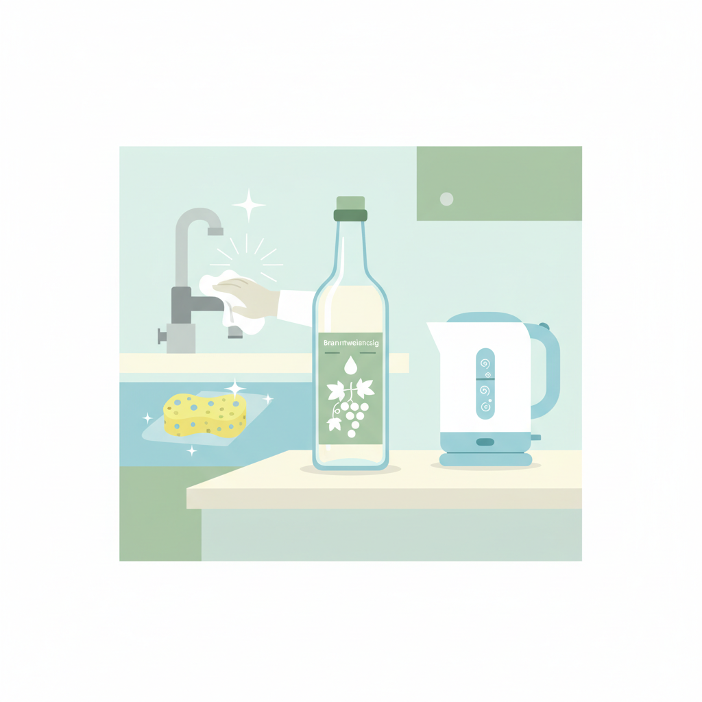 A clean and modern flat illustration showcasing the versatile use of white household vinegar for general cleaning. The scene features a clear glass bottle of 'Branntweinessig' prominently placed on a clean kitchen counter. Around it, various cleaning tools and scenarios are subtly integrated: a sponge wiping a kitchen surface, a shiny faucet being polished, and a water kettle with subtle visual cues indicating descaling. The illustration should use soft, muted colors and simple geometric shapes to convey a sense of efficiency and ease of use in a domestic setting, highlighting its broad applicability.