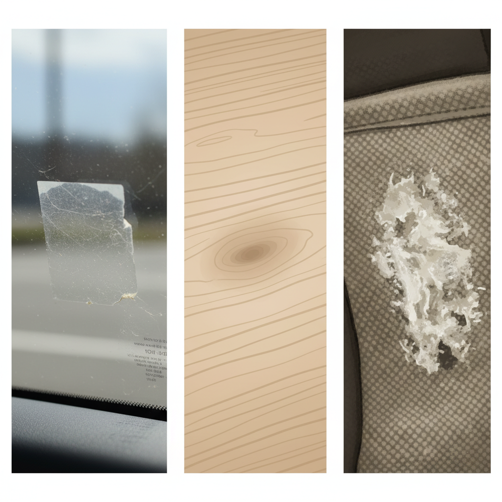 A detailed illustration depicting various common surfaces marred by different types of advertising stains. On the left, a car window shows the hazy, sticky outline of a removed sticker, attracting dust and looking unsightly. In the center, a section of a light wooden table displays a subtle, discolored patch where an old label once sat, hinting at a chemical reaction or dye transfer. On the right, a close-up of a textile surface reveals hardened, flaky adhesive residue that is firmly embedded. The overall scene should convey the stubborn and frustrating nature of these 'Werbung Flecken' in a professional illustration style suitable for a blog.