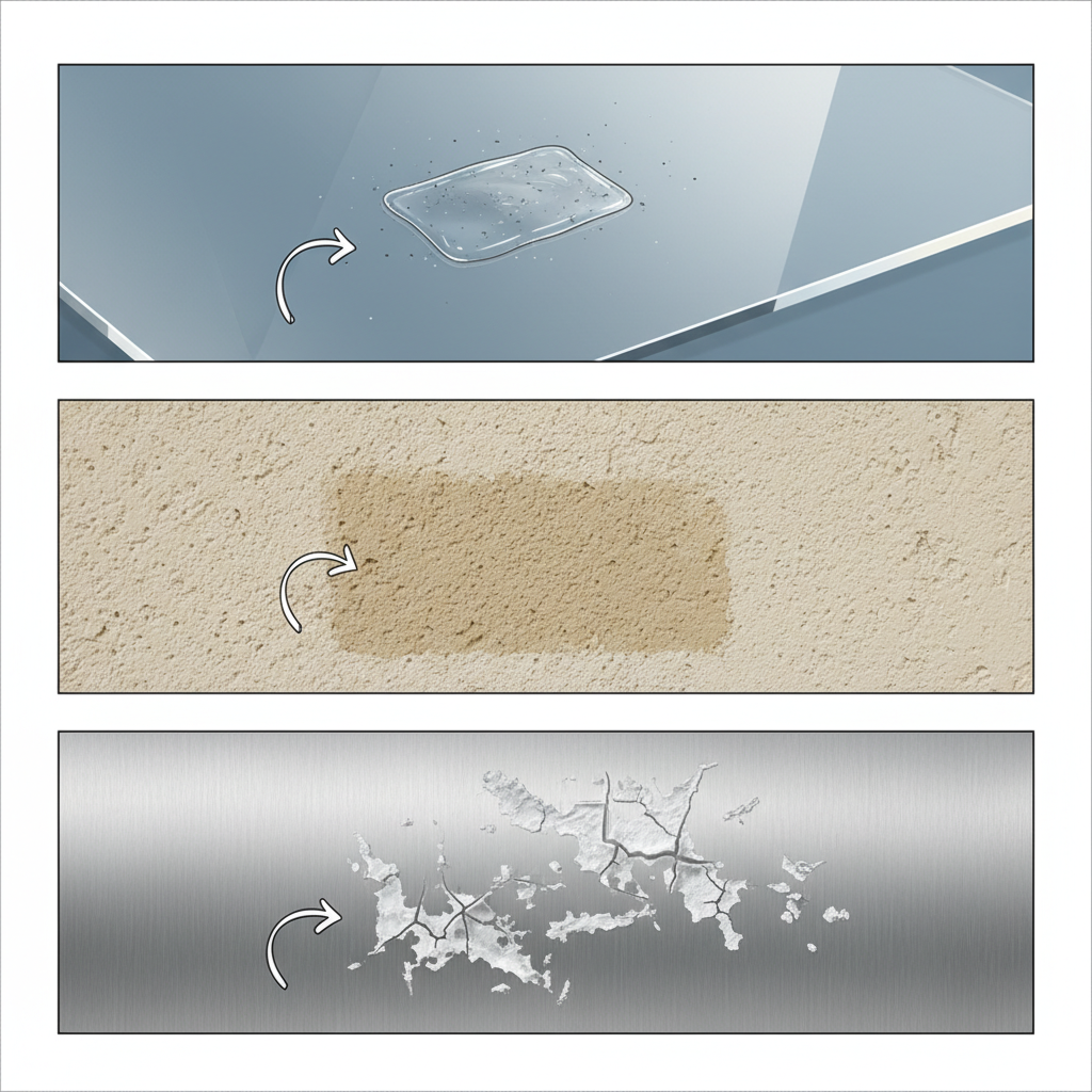 An infographic-style illustration contrasting three distinct types of advertising residues on different materials. One section clearly depicts a shiny, transparent surface with a visibly sticky, slightly raised residue, attracting fine dust particles, symbolizing 'Klebrige Rückstände.' Another section shows a light, porous material like unvarnished wood or plaster, marked with a faint, rectangular discoloration, representing 'Verfärbungen' from dyes. A third section features a metallic surface with a cracked, hardened, and brittle adhesive remnant, symbolizing 'Verhärtete Klebstoffreste.' The style should be clean, informative, and visually distinct for each example.
