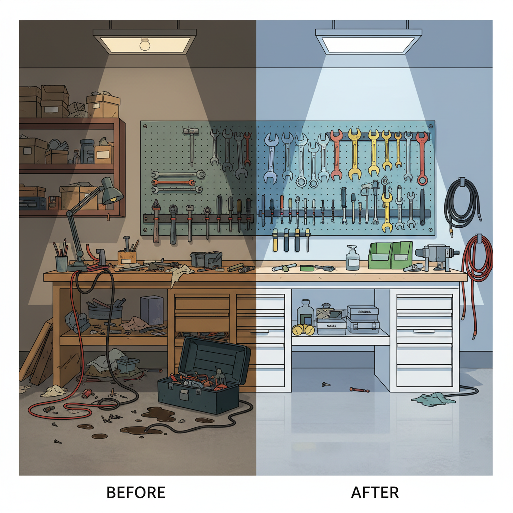 A vibrant flat illustration depicting a 'before and after' comparison of a workshop. The left side shows a chaotic scene: tools strewn across a dusty workbench and floor, oil spills, tangled cables, and dim lighting. On the right, the same workshop appears immaculate and well-lit: tools neatly arranged on a clean pegboard and in clearly labeled drawers, a spotless workbench, and an uncluttered floor. The overall impression conveys increased efficiency and safety through visual contrast. Focus on bright, inviting colors for the organized side and muted, messy tones for the unorganized side.