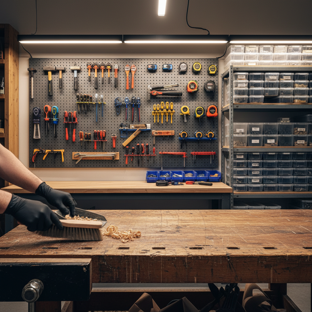 A realistic, high-definition photograph of a well-maintained workshop interior. The foreground features a sturdy workbench being meticulously wiped clean by gloved hands, perhaps with a small pile of sawdust or wood shavings being swept away. In the background, an array of hand tools hangs perfectly organized on a pegboard, glinting under bright, functional lighting. Shelves with neatly stacked storage bins are also visible, demonstrating a commitment to order and prolonging tool lifespan. The scene exudes professionalism and a sense of calm productivity.