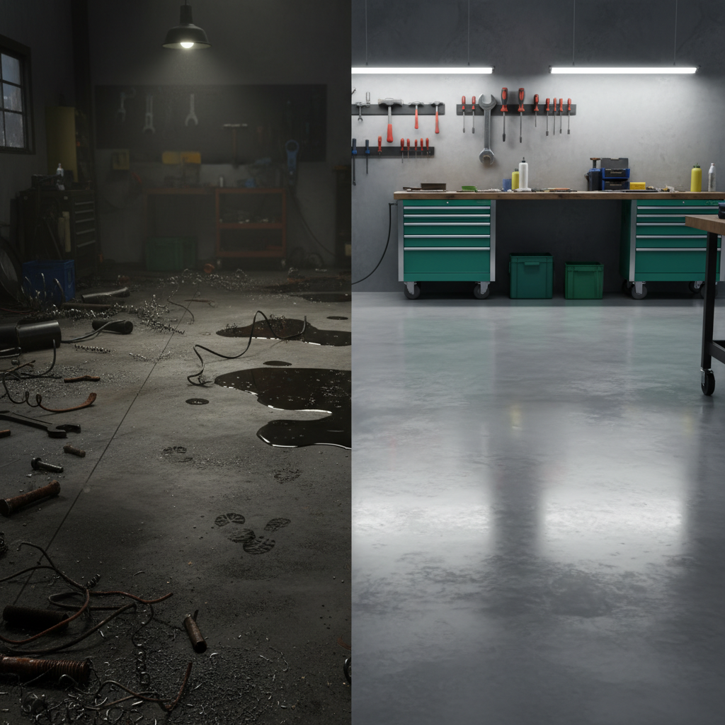 A detailed digital illustration showing a stark contrast between two states of a workshop floor. The left side depicts a neglected, hazardous floor: dark oil stains, scattered metal shavings, and a thick layer of dust. A slight sheen of liquid indicates a slip hazard, with a hint of disorganization. On the right side, the same floor area is impeccably clean, shining and free of any debris or spills. The light reflects brightly off the spotless surface, conveying safety and order, with neatly arranged tools. The illustration emphasizes the immediate visual impact of proper cleaning and maintenance.