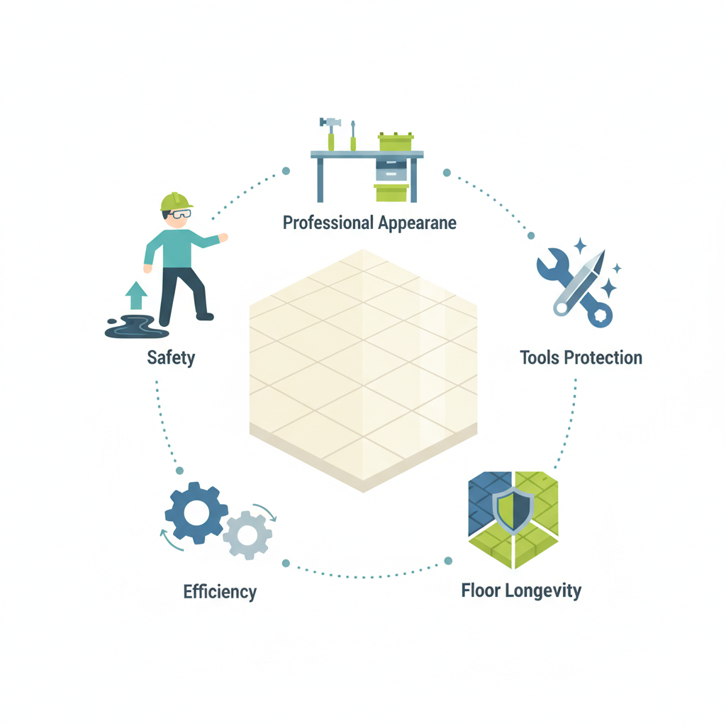 A modern flat illustration in an infographic style, visually representing the multiple benefits of a clean workshop floor. In the center, a pristine, light-colored workshop floor segment gleams. Around it, connected by subtle lines, are five distinct visual elements or icons. These include a figure standing firmly, avoiding a potential spill (representing safety); smoothly operating machinery gears (efficiency); a well-maintained, sharp tool (tool protection); a robust floor surface resistant to wear (floor longevity); and a tidy, organized workstation (professional appearance). The overall impression is clear and informative.