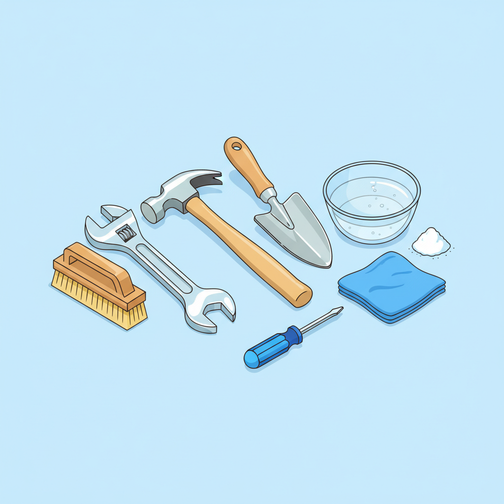 A vibrant flat illustration depicting a collection of common tools arranged on a clean workbench or a rustic wooden surface. Tools include a shiny wrench, a clean hammer, a well-maintained garden trowel, and a screwdriver. Nearby, a bowl filled with a clear liquid (suggesting vinegar) is present, along with a small pile of white powder (suggesting baking soda), a scrubbing brush, and a soft cleaning cloth. The overall scene should convey freshness, cleanliness, and the simplicity of using household items for tool maintenance. The colors should be bright and inviting, suitable for a blog post.