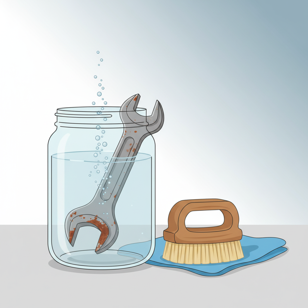 A detailed, crisp vector illustration showing a close-up of a partially submerged, slightly rusty metal wrench head or pliers in a clear glass jar filled with a transparent liquid (representing vinegar). Small bubbles are subtly rising from the tool, indicating a chemical reaction. On the side, a clean, dry scrubbing brush and a soft, absorbent cloth are placed, ready for post-soak cleaning. The background is simple and uncluttered, emphasizing the cleaning action. The focus is on the transformation from rust to clean metal, symbolizing effective rust removal with simple means.