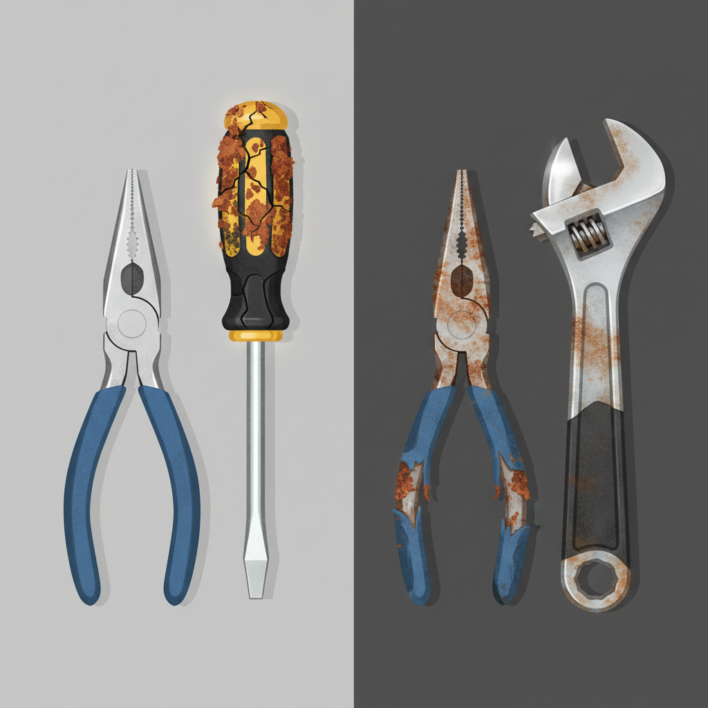 A compelling split image, illustrating the stark contrast between well-maintained and neglected hand tools. On the left side, a collection of hand tools (e.g., screwdriver, pliers, wrench) appears pristine, clean, shiny, and neatly organized, perhaps with a soft glint of light on their surfaces, suggesting newness and care. On the right side, the exact same tools are depicted as rusty, covered in grime, with dull surfaces, and perhaps a stiff joint on the pliers, conveying disuse and damage. The background should be simple and neutral, allowing the tools to stand out. Style: Clean, modern flat illustration with subtle textures.