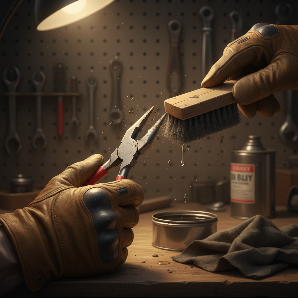 A focused, detailed illustration showcasing the diligent cleaning of a common hand tool. The central focus is on a pair of hands wearing work gloves, actively cleaning a screwdriver or pliers. One hand holds the tool firmly, while the other uses a small, stiff-bristled brush to remove dirt from crevices or a soft cloth to wipe down a metallic shaft. A small container of cleaning fluid or a rag with visible grime could be subtly placed nearby. The scene conveys care and attention to detail. Style: Realistic digital painting with warm, inviting lighting, emphasizing the textures of metal, dirt, and cleaning materials.