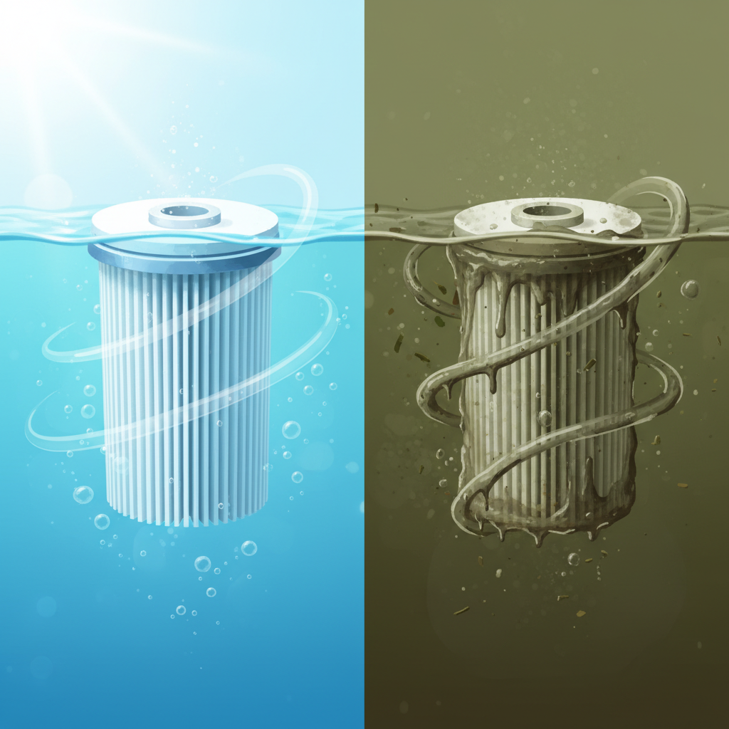 A split-screen infographic illustration demonstrating the contrast between a clean and a dirty whirlpool filter. On the left, a pristine, white pleated filter cartridge is shown submerged in crystal clear, sparkling blue water, with smooth, efficient water flow lines around it. On the right, an identical filter cartridge appears visibly clogged with brown-grey grime and debris, surrounded by murky, slightly greenish water, depicting restricted and inefficient flow. The clean side should convey hygiene and clarity, while the dirty side highlights poor water quality and system strain, using a vibrant color palette for the clean side and muted, earthy tones for the dirty side.
