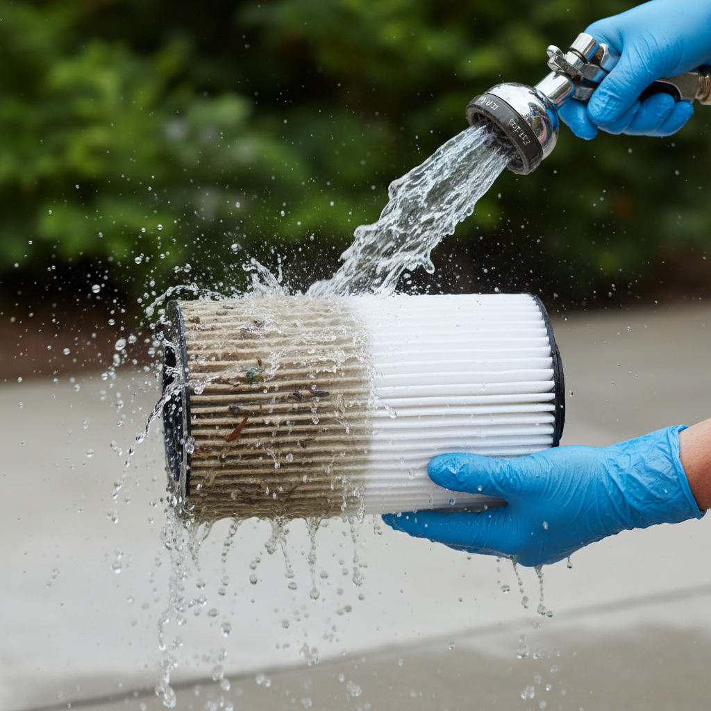 A dynamic, professional close-up photograph capturing the manual cleaning process of a whirlpool filter. A pair of hands, possibly gloved, holds a cylindrical pleated filter cartridge under a strong stream of water from a hose or faucet. Water is visibly cascading over and through the pleats, effectively rinsing away accumulated dirt and small particles. The filter should show a gradual transition from dirty to clean where the water is hitting it, conveying the ongoing cleaning action. The background should be softly blurred, keeping the focus entirely on the filter, water, and the purposeful cleaning motion.